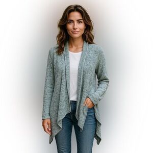 BCBGMAXAZRIA Gray Open Front Sweater Draped Boho Cardigan gray khaki tweed Sz L